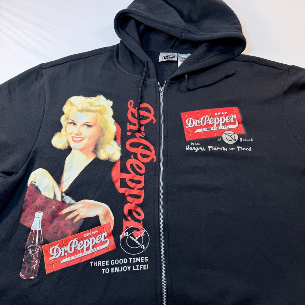 Dr Pepper Zip Hoodie Mens XXL Black Pinup Girl Graphic Retro Soda Sweatshirt